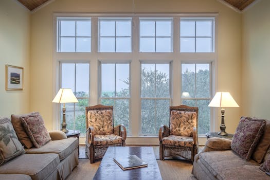 Servicios A cozy living room showcasing elegant furniture with large glass windows and warm lighting.