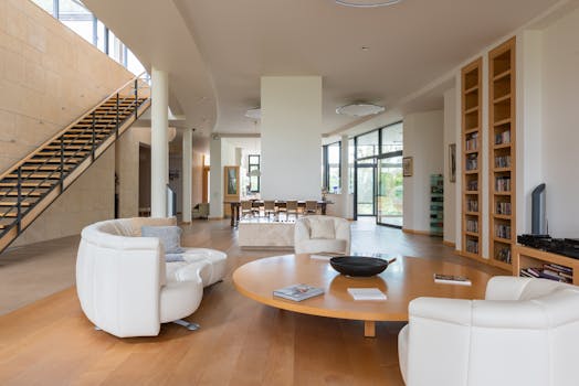 Servicios Large apartment with modern interior and soft armchair with white sofa near stairs